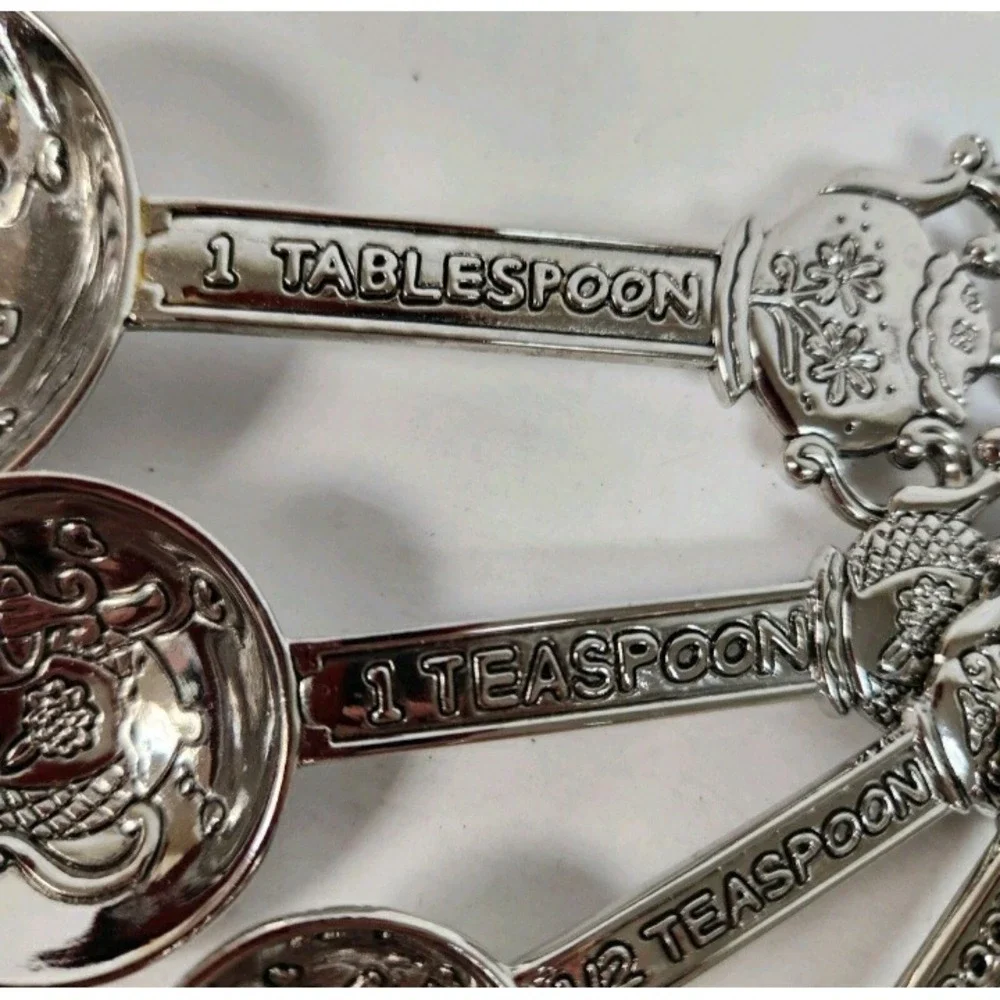 Teapot hearts silver tone Measuring Spoons set kitchen cooking baking cottage